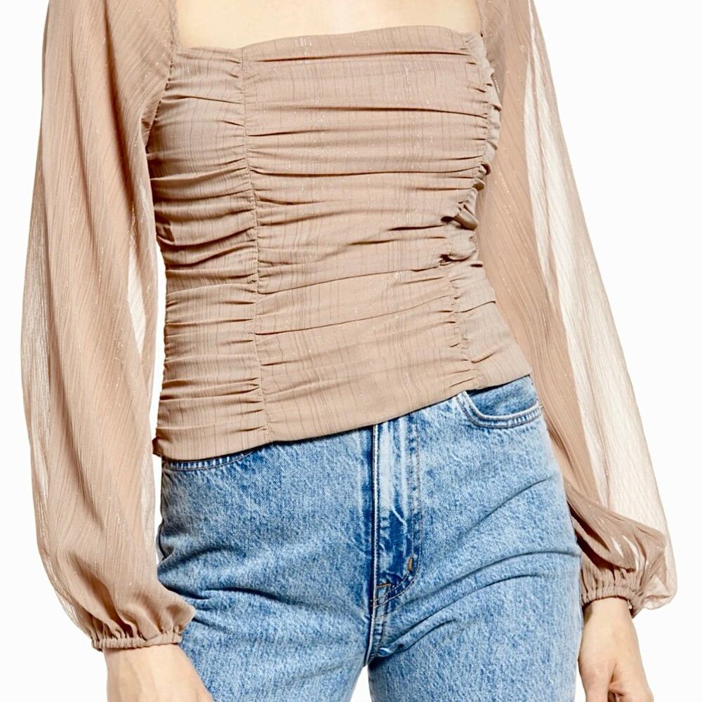 WAYF Metallic Thread Balloon Sleeve Top In Mocha - Picture 2 of 7